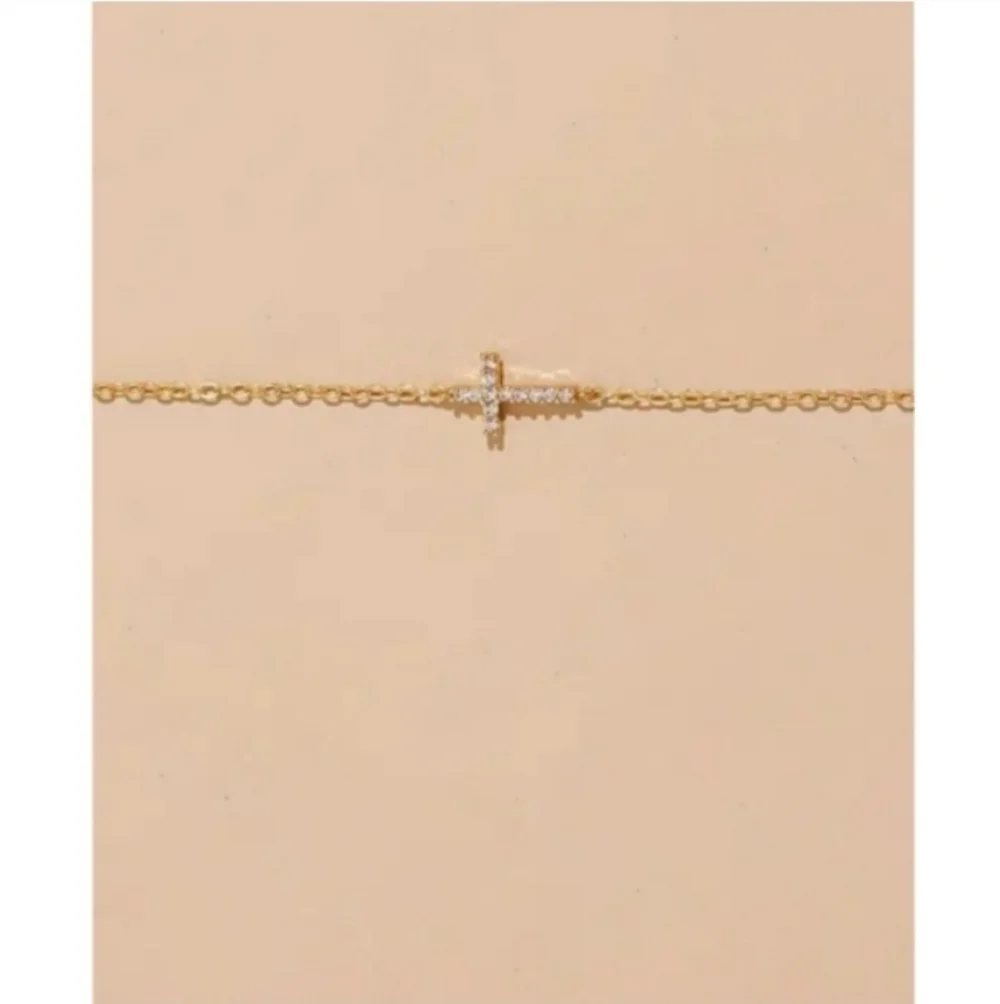 NEW! Anthropologie Delicate Sideways Tiny Cross CZ Cubic Zirconia Gold Necklace